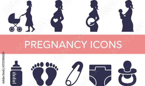 Set of Pregnancy Icons Collection with Pregnant Woman Stroller Baby Bottle Footprints Diaper Pacifier