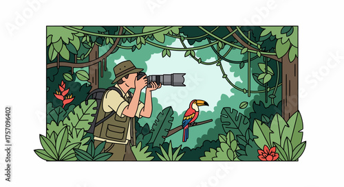 Photographer in Jungle Habitat Capturing Image of Colorful Toucan Bird.