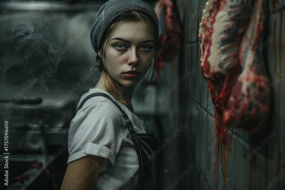 Naklejka premium Female butcher wearing apron and headscarf standing in slaughterhouse with piece of meat hanging on wall