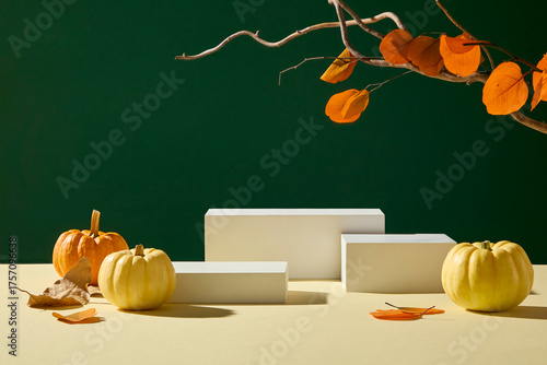 Fototapeta Naklejka Na Ścianę i Meble -  Minimal podium composition with pumpkins, white display blocks, and dry branches. Clean autumn background suitable for product photography and elegant fall designs.