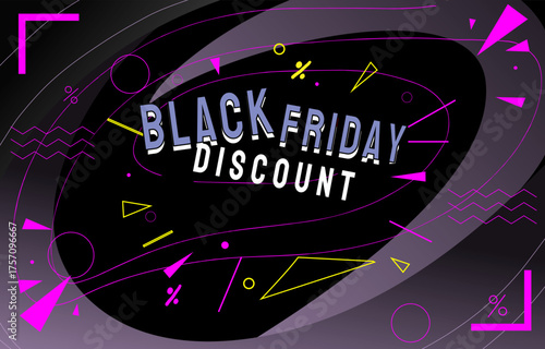 Futuristic Black Friday discount banner with stylized blue-purple typography on a dark gradient background. Features bright pink and yellow geometric shapes for a tech-inspired design.
