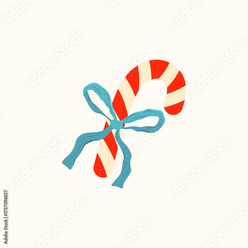 Vector illustration of a candy cane with a festive bow isolated on a white background. Lollipop for Christmas designs, wrapping paper, stickers, greeting cards, and holiday decor