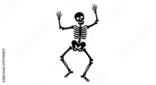 Spooky skeleton dancing with arms raised in a fun and energetic halloween celebration isolated on white background