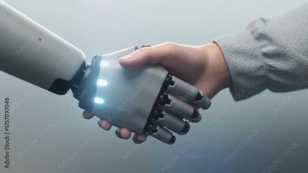 Close up of Human and Robotic Hand Shaking, Glowing With Digital Light ...