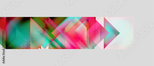 Abstract geometric shapes overlap, creating vibrant color blends. Pink, teal, green dominate composition. Modern design element.