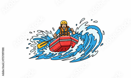 Rafter in Red Raft Navigating Turbulent Waters with Paddle and Safety Gear.