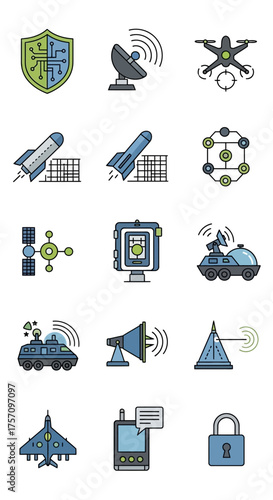 Military Technology Icons - Defense, Communication, and Surveillance.