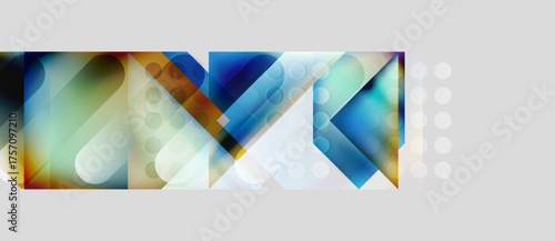 Abstract geometric shapes overlap, creating vibrant color blends. Light, shadow, transparency define composition. Modern design elements present.