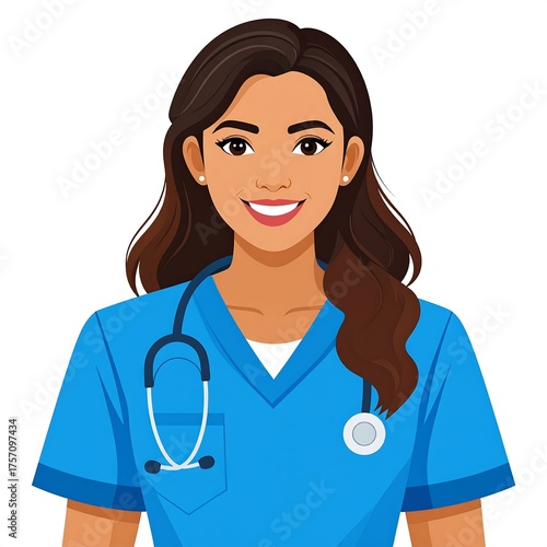 Portrait of a smiling woman in blue medical scrubs with stethoscope