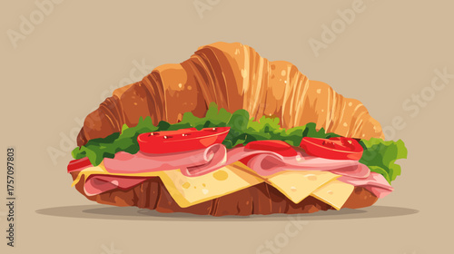 Vector illustration of a savoury croissant sandwich with ham, cheese, tomatoes and lettuce