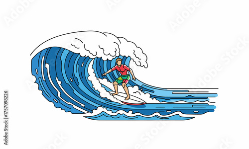 Surfer Riding a Large Blue and White Wave in Vector Illustration Style.