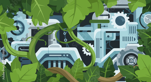 Nature Over Technology - Vines Enveloping a Complex Machine.