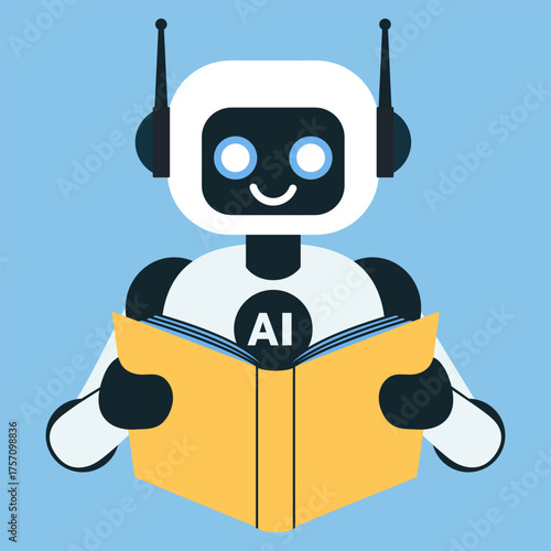 AI robot, chatbot reading a book illustration isolated on blue background. Symbolizing machine learning, artificial intelligence and data education. Perfect for tech, AI and digital innovation themes.