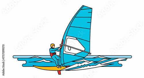 Windsurfer with blue sail and yellow board riding on stylized blue waves.