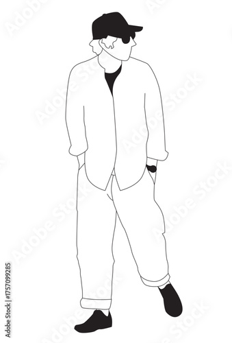 Casual Movie Star Guy Walking Incognito – Sunglasses, Hat, Long Hair, Baggy Pants Illustration SVG Vector