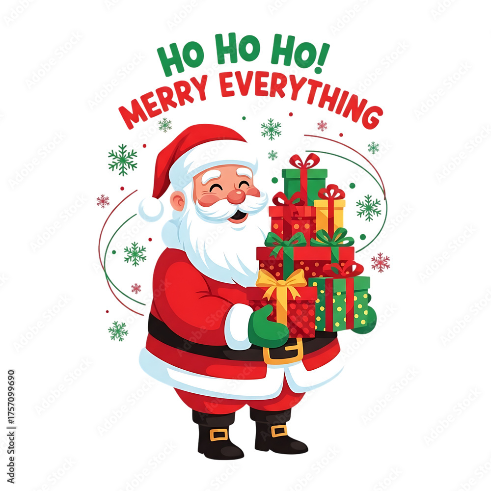 Obraz premium Santa Claus Holding Stack of Presents with Text Keywords: Santa Claus, Christmas, holiday isolated on a transparent background