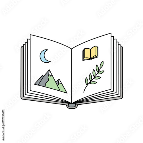 Open Book with Nature and Literary Symbols Illustration.