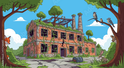 Overgrown Abandoned Building with Natures Reclamation and Wildlife.