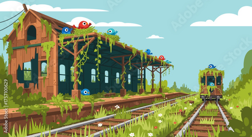 Overgrown Abandoned Train Station with Train on Tracks.