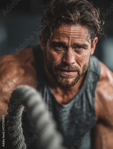 athletic man training with battle ropes in a modern gym, 
