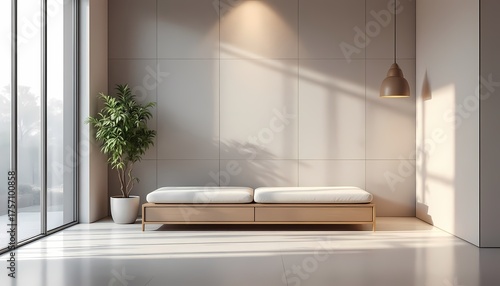 Interior of modern living room with white walls, tiled floor, comfortable brown sofa and plant. 