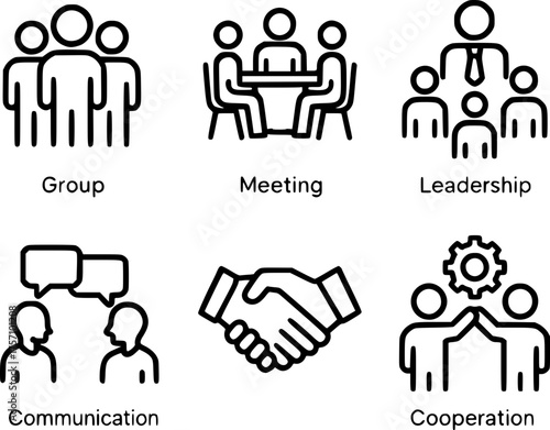 Black and white minimalist vector icons of business people, teamwork, communication, and leadership, clean modern line art style