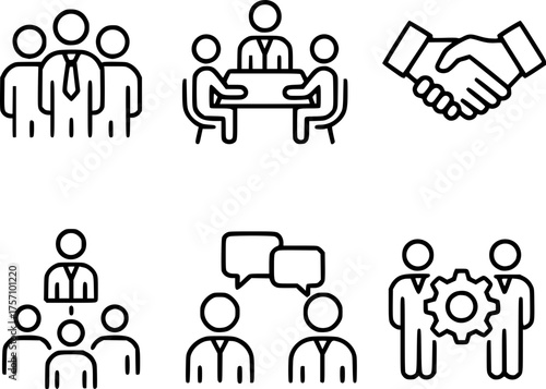Black and white minimalist vector icons of business people, teamwork, communication, and leadership, clean modern line art style