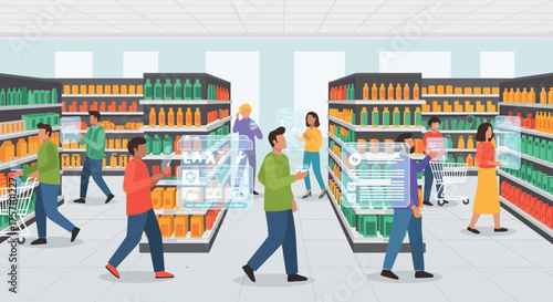 People Shopping in a Supermarket Aisle with Shelves Full of Products.