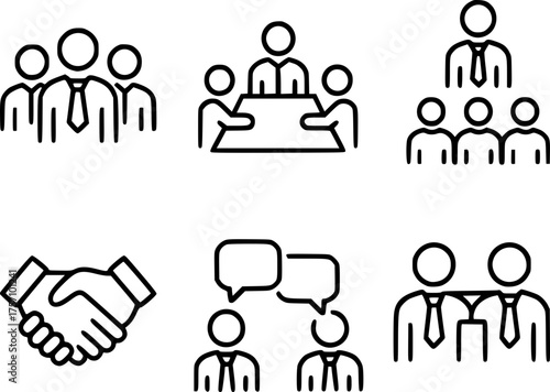 Black and white minimalist vector icons of business people, teamwork, communication, and leadership, clean modern line art style
