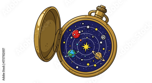 Pocket Watch with Solar System Design, Planets, Stars, and Orbits.