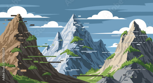 Pixel Art Mountain Range Landscape with Glitch Effects and Cloudy Sky.