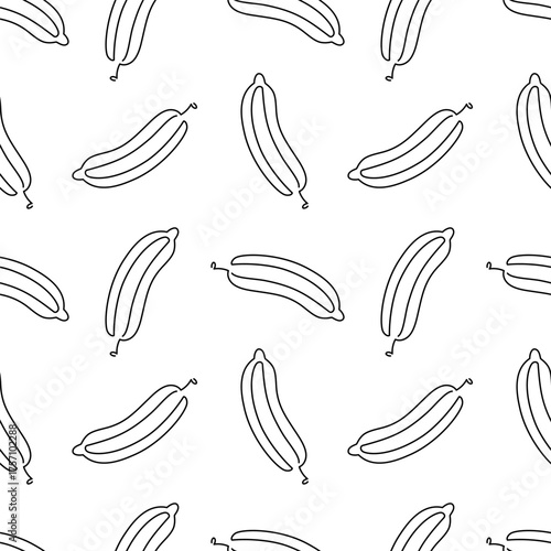 Single line cucumber cartoon seamless pattern. Food vegetable flat textile design on white background. Cucumber in Doodle style. Food texture line art