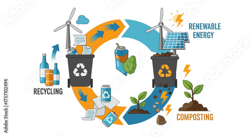 Recycling, Composting, and Renewable Energy Cycle for Environmental Sustainability.