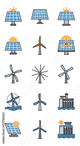 Renewable Energy Sources - Solar Panels, Wind Turbines, Hydroelectric Dam Icons.