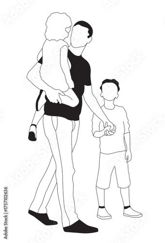 Young Family Outline – Father Carrying Child and Holding Hand, Minimalist Family Illustration SVG Vector