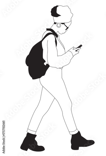 Young Black Woman Walking While Texting – Urban Lifestyle Illustration SVG Vector