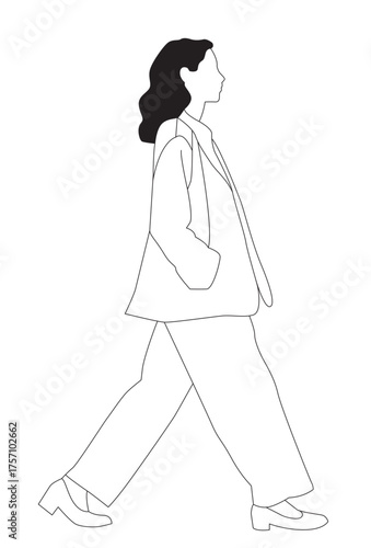 Young Businesswoman Walking – Long Hair, Hands in Pockets, Professional Fashion Illustration SVG Vector
