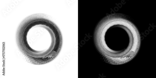 Dynamic abstract spiral sound wave rhythm lines. Circular spiral sound wave rhythm of lines. Circular futuristic abstract lines, black and white background.	
