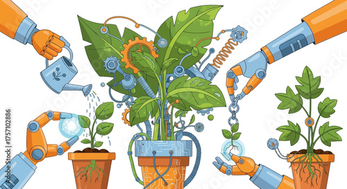 Robotic Arms Nurturing Plants - A Fusion of Technology and Nature.