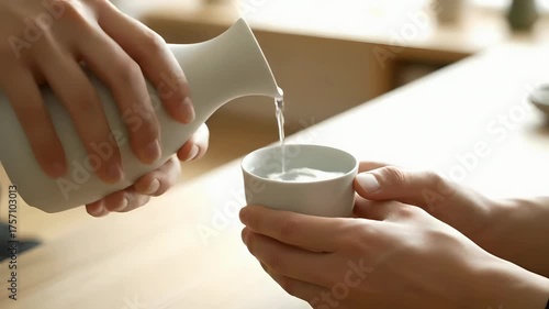 Hands Pouring Traditional Japanese Sake into Ceramic Cup