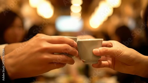 Friends Toasting with Sake Cups in Japanese Izakaya