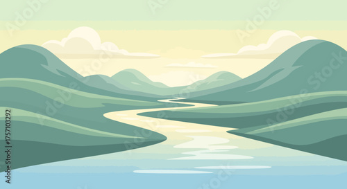 Serene River Valley Landscape with Rolling Hills and Calm Waters.