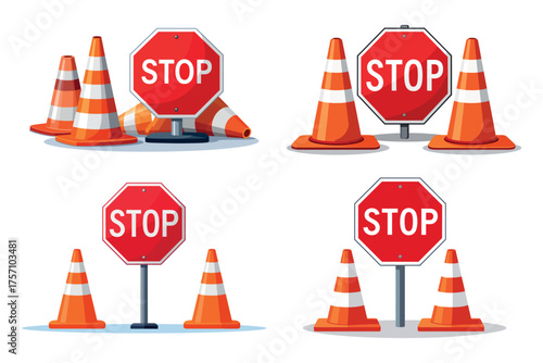 Traffic stop sign vector illustration, road safety cones isolated on transparent background