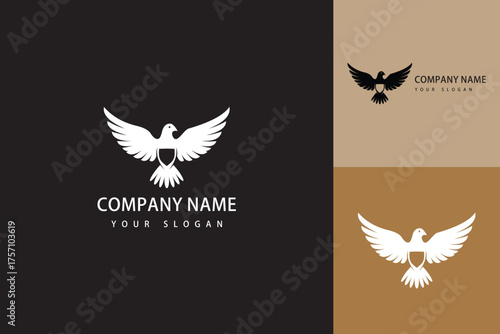Elegant Dove Logo Design with Shield Symbolizing Peace and Protection.
