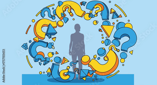 Silhouette of a Person Surrounded by Question Marks, Representing Uncertainty.