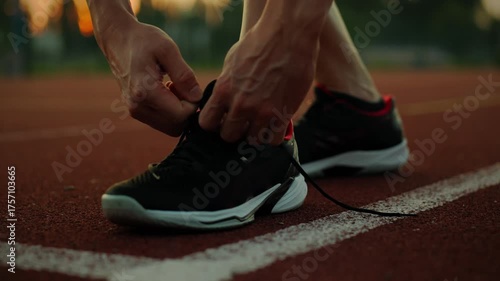Runner. Active man outdoors purposefully tying shoelaces on sports field. Steady camera movement Caucasian white man putting on running shoes warming up before competition, exercise