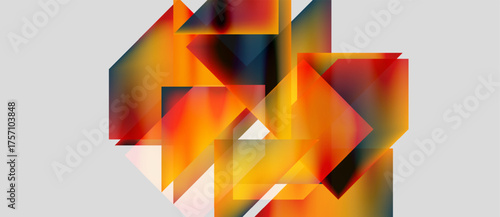 Abstract geometric composition. Warm colors dominate, featuring orange, yellow, plus dark shades. Shapes intersect, creating complex visual texture.