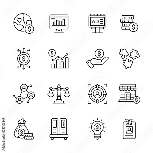 A collection of business and finance icons in modern design style