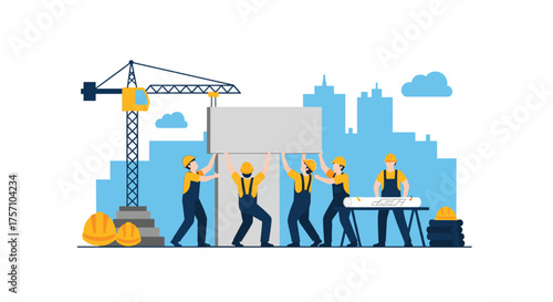 Construction workers building a new skyscraper in a city skyline