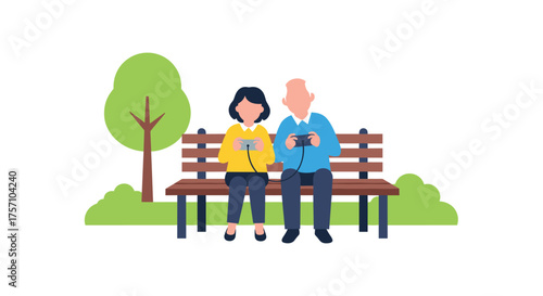 Elderly Couple Enjoying a Peaceful Afternoon Playing Games on a Park Bench
